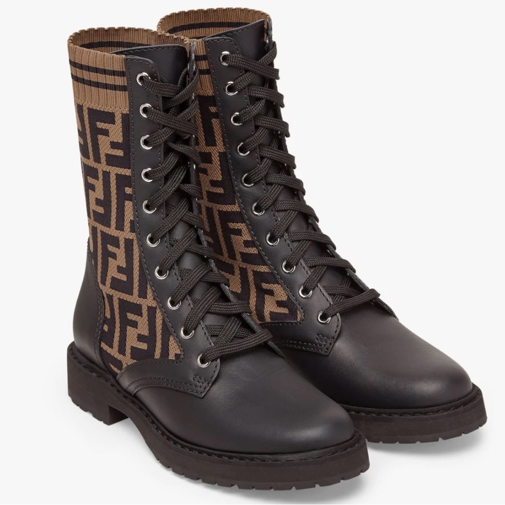 FENDI Rockoko Combat Boots Knit Sock High Top FF‎ Motif